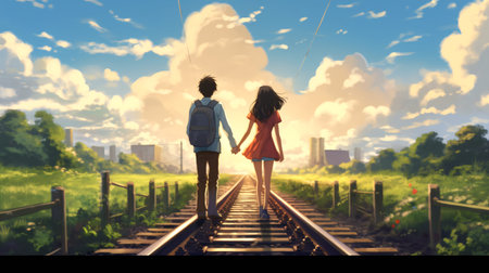 Young asian couple holding hands walking on railroad. 3d renderingの素材