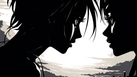 Two women in profile. Silhouettes of a girl and a woman.の素材