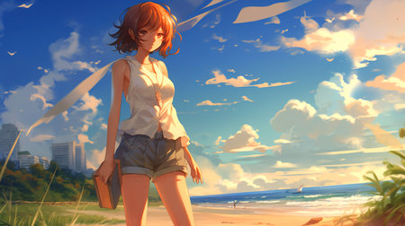 3d illustration of a young woman walking on the beach at sunsetの素材
