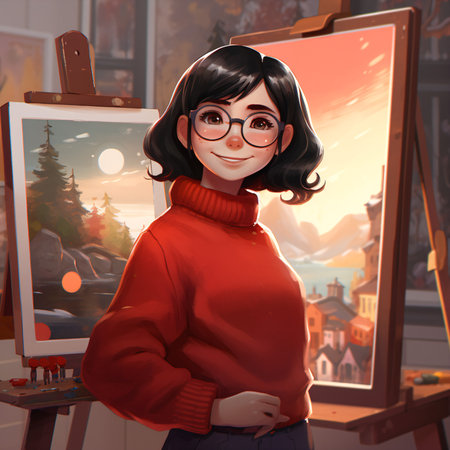 3D rendering of a cute cartoon girl in a red sweater and glasses.の素材