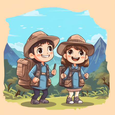 Cute boy and girl with backpack hiking in mountains. Vector illustrationの素材