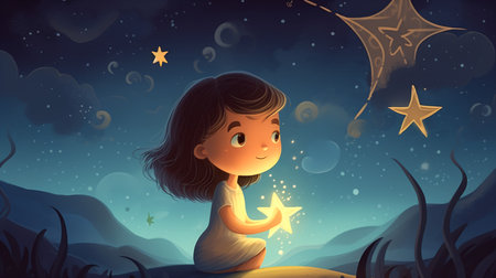 Illustration of a little girl holding an anchor in the night skyの素材