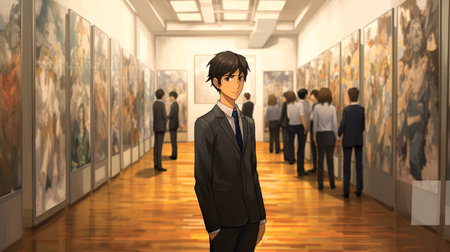 A young man in a suit looking at a painting in an art galleryの素材