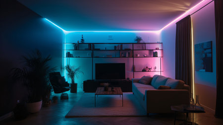 Interior of a modern living room with a blue and purple neon lightsの素材
