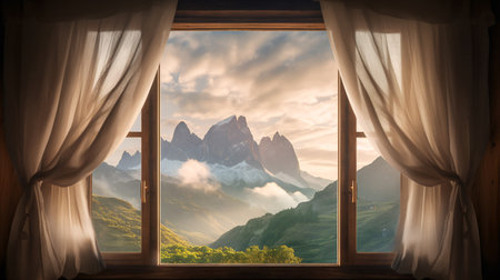 Beautiful view of the mountains from the window in the morning.の素材