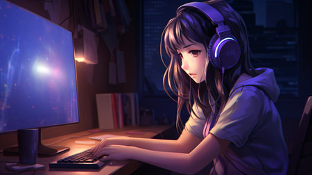 Young female gamer playing online games on computer at night. 3D renderingの素材