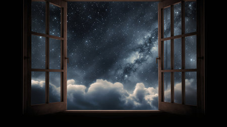 Night sky with stars and clouds as seen through the open window.の素材