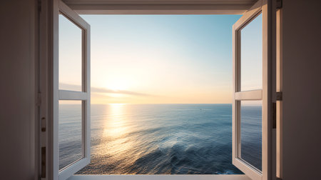 Open window overlooking the sea at sunset. Panoramic view.の素材
