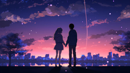 Couple in love holding hands and looking at each other against purple sky with cloudsの素材