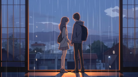 Silhouette of a man and a woman standing in front of a large window with a city view in the background.の素材