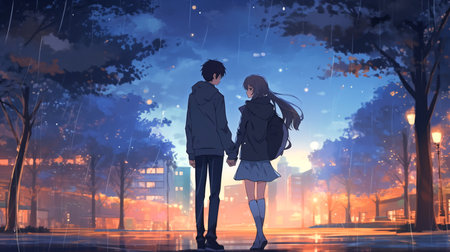 Young couple walking in the city at night. Concept of love and romantic relationship.の素材