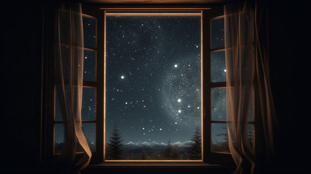 Night landscape with stars and moon in window, 3d render illustrationの素材