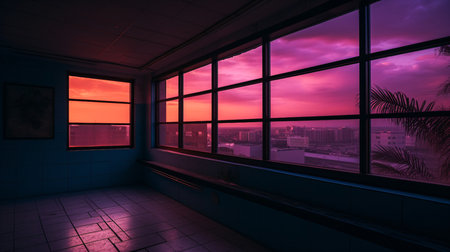 Empty room with a panoramic view of the city at sunsetの素材
