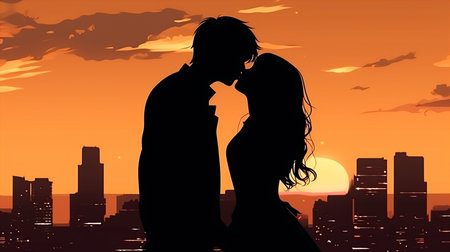 Vector silhouette of a couple on the background of the city at sunset.の素材