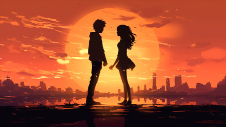 Silhouette of a man and a woman on the background of the sunsetの素材