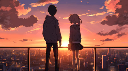 Silhouette of a man and a woman looking at the sunsetの素材