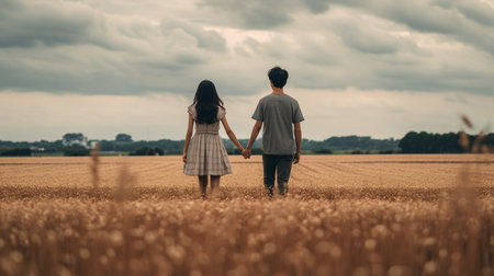Couple holding hands in wheat field. Back view. Copy space.の素材