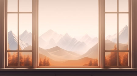 Window with mountains in the background, 3d rendering. Computer digital drawing.の素材
