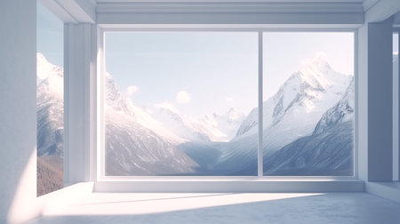 Window overlooking the snow-capped mountains. 3D Renderingの素材