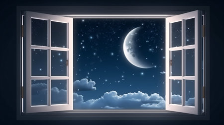 Open window with night sky and moon. Vector illustration in cartoon styleの素材
