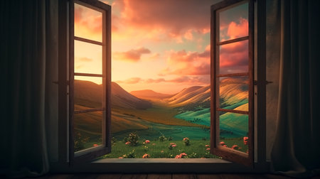 Beautiful view from the window. Sunset in the mountains. 3d renderingの素材