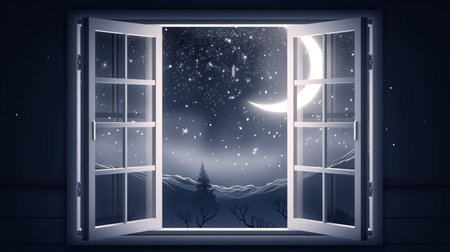 Night winter landscape with moon and stars in window. 3D renderingの素材