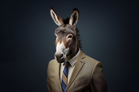 Portrait of a funny donkey in a suit and tie on a dark backgroundの素材