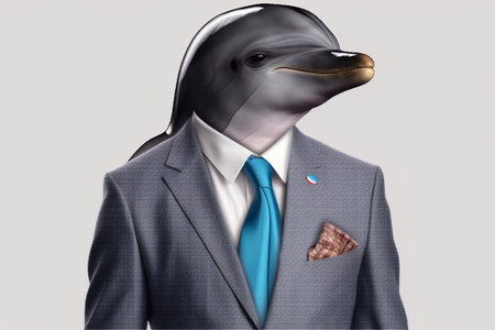 Businessman with a dolphin head on a gray background. 3d renderingの素材