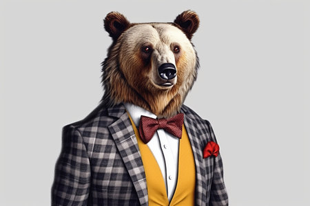 Funny bear in a suit and bow tie on a gray backgroundの素材