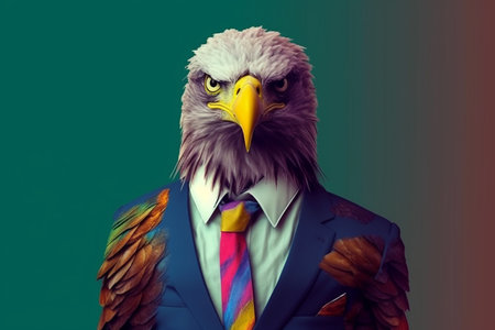 eagle in a business suit and tie on a green background.の素材