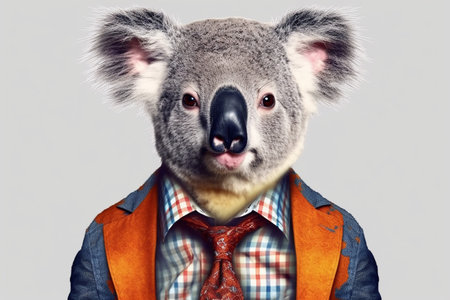 Funny koala in a shirt and tie on a gray backgroundの素材