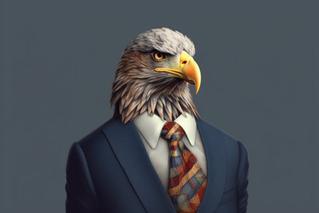 Eagle in suit and tie on grey background. 3d renderingの素材