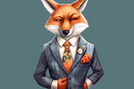 Cute fox dressed in a business suit with tie and bow tieの素材
