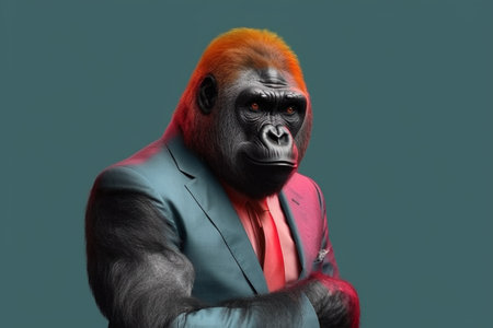 Portrait of a strong gorilla in a suit on a green backgroundの素材