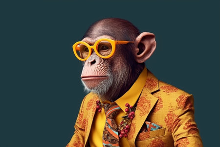 Chimpanzee monkey in yellow suit and orange glasses on blue backgroundの素材