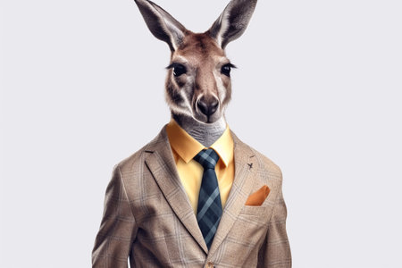 Funny kangaroo with necktie and jacket on grey backgroundの素材