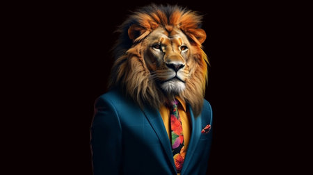 Lion in a business suit on a black background. Business concept.の素材