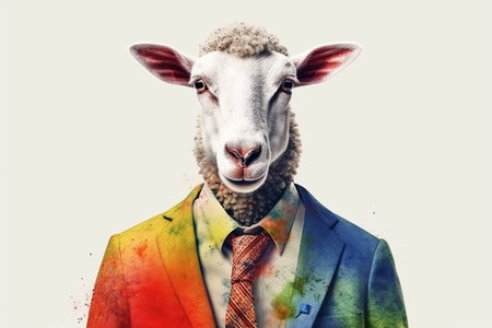 Portrait of funny sheep in suit with colorful splashes on white backgroundの素材
