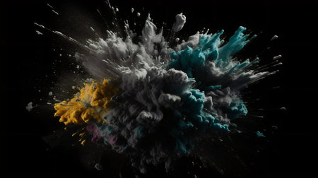 Colorful explosion of paint in the form of a cloud of smoke on a black backgroundの素材