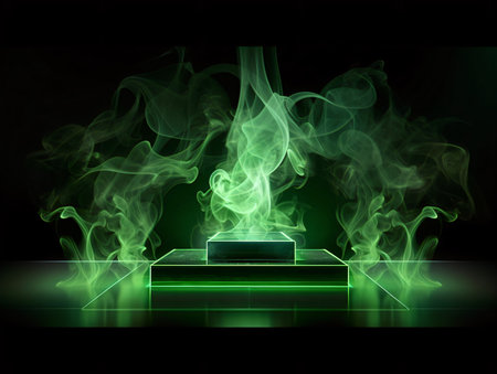Abstract background, podium for your design, green smoke on a black backgroundの素材