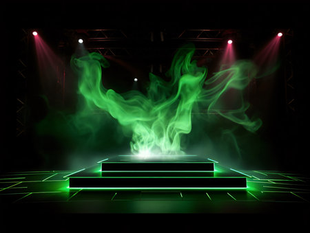 Stage podium with lighting, Stage Podium Scene with for Award Ceremony on black Background, Vector illustrationの素材