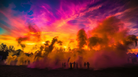 A group of people watching a big explosion of smoke in the skyの素材