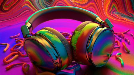 3d rendering of headphones listening to music on colorful abstract background.の素材