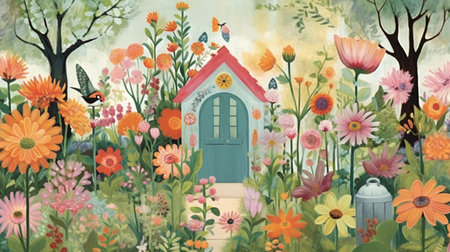 Watercolor painting of a rural house surrounded by flowers and birds.の素材