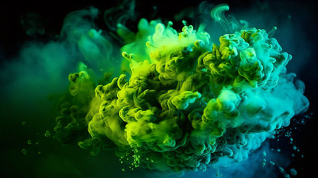 Green and yellow ink in water on a black background. Abstract backgroundの素材