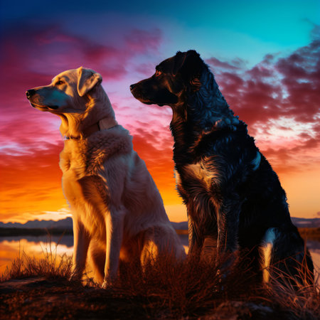 Two dogs on a background of the sunset. Retriever and labrador retriever.の素材