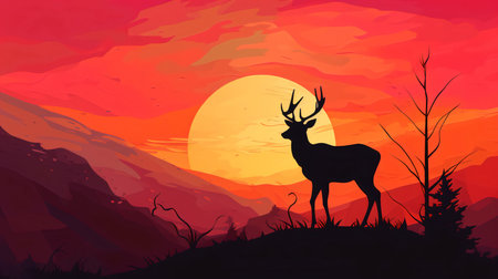 Silhouette of a deer in the mountains at sunset. Vector illustrationの素材