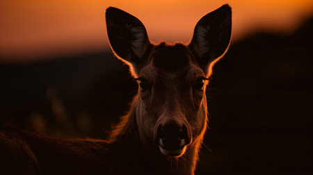 Close-up of a young deer looking at the camera at sunsetの素材