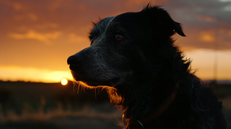 Dog in the field at sunset. Selective focus and shallow depth of field.の素材