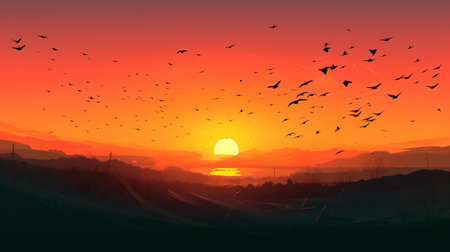 Sunset over the field with a flock of birds. Vector illustration.の素材
